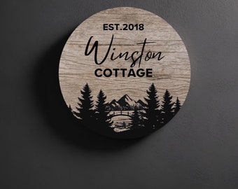 Personalized Cabin Cottage Sign, Print on Wood, Custom Name Address Welcome Lake House Rental, House Sign Porch Entrance Wall Art Decoration