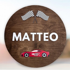 Race car Nursery Wood Name Sign, Personalized Round Name Sign, 3D Wall Sign, Two fast Birthday Decor, Boy Nursery Cars Wheels Toddler Room