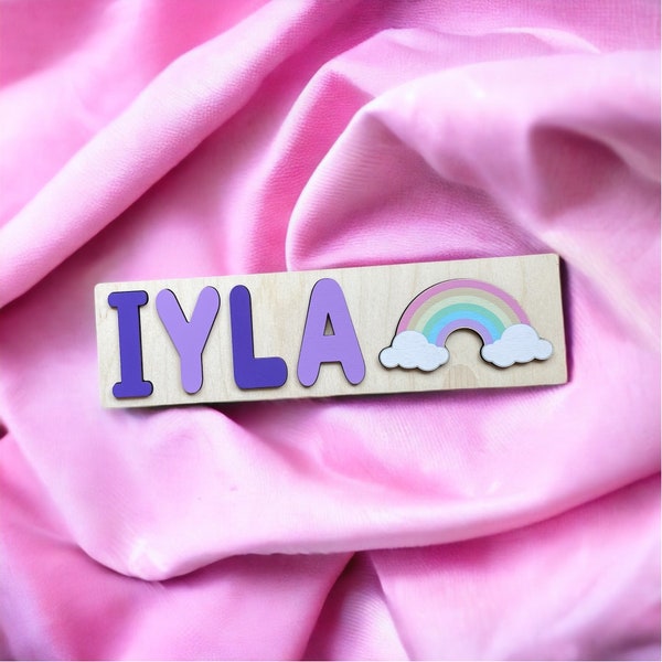 Rainbow & Clouds Custom Name Puzzle, Wooden Puzzle, Baby Shower Gift, 2 Years Old Birthday Gift, Wooden Name Gift for Kids, First Birthday