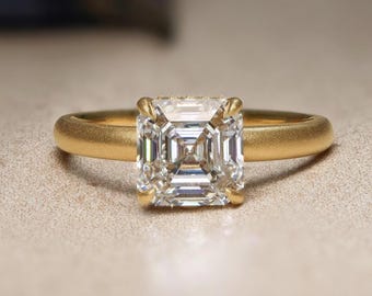 2 CT Asscher Cut Moissanite Engagement Ring Square Step Cut Solitaire, Matte 14k Gold Proposal Ring, Art Deco Minimalist Bridal Jewelry Gift