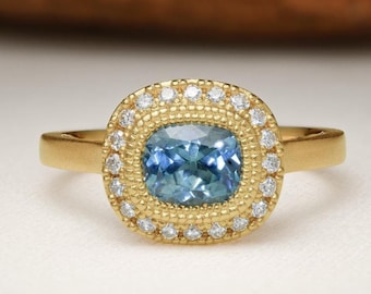 Cushion Cut Blue Sapphire Halo Ring, 14k Yellow Gold Vintage Inspired Statement Ring, September Birthstone Jewelry, Unique Anniversary Gift