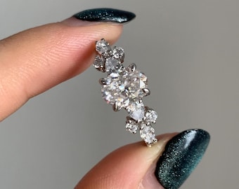 Oval Cluster Moissanite Engagement Ring 14K White Gold Wedding Ring Oval Diamond Art Deco Wedding Bridal Ring Handmade Promise Ring For Her