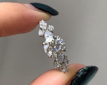Cluster Moissanite Engagement Ring 14K White Gold Celestial Wedding Ring Pear and Round Cut Lab Diamond Unique Wedding Bridal Ring For Her