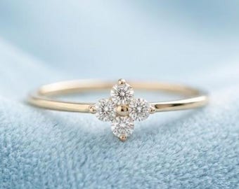 Dainty Moissanite Clover Ring 14K Gold Minimalist Flower Engagement Ring Unique Floral Promise Ring for Her Vintage Style Diamond Jewelry