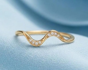 14K Gold Wave Ring Diamonds Curved Wedding Band for Her Dainty S-Curve Nesting Ring Unique Minimalist Stackable Band Organic Swirl Jewelry