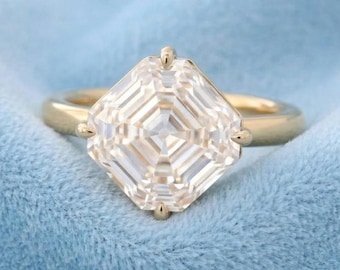 Asscher Cut Moissanite Engagement Ring 14K Yellow Gold Solitaire Ring, Kite Set Square Step Cut Anniversary Ring for Her, Unique Bridal Gift