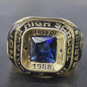 Vintage High School Class Ring 1988, Blue Stone Gold Tone School Ring, Retro Graduation Jewelry, High Class Ring, Personalized Gift for Her