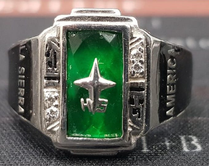 Featured listing image: 925 Sterling Silver Class Ring, High School College Graduation Ring, Green Rectangle Gemstone Signet Ring, Custom School Jewelry