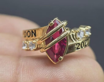 Customized Birthstone High School Class Ring For Her, Handmade Graduation Ring in 925 Sterling Silver, Bypass Opening CZ Stone Ring for Her