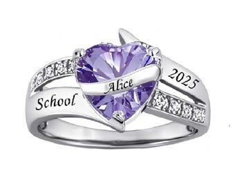 925 Sterling Silver Women’s High School Class Ring | New Collection with Heart Birthstone Personalized Graduation Gift | Custom Ring for Her