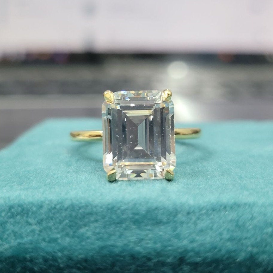 Emerald Cut 10K/14K/18K Yellow Gold Ring, Handmade 11X9MM Big Moissanite Hidden Halo Ring, Gorgeous Gift, Wedding Bride Ring, Expensive Ring