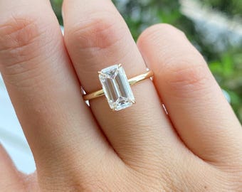 2.50 CT Emerald Cut Moissanite Engagement Ring | Elongated Solitaire Ring in 10K/14K/18K Solid Gold | Handmade Proposal Ring for Her
