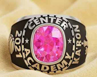 Vintage Abitur Ring 2026, Rosa Stein Gold Ton Schulring, Retro Abschluss Schmuck, High Class Ring, personalisiertes Geschenk für sie