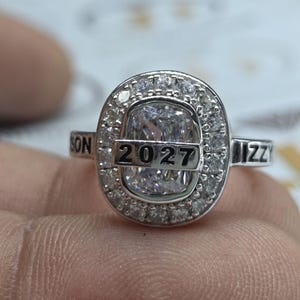 Cushion Birthstone High School Class Ring in 925 Sterling Silver | CZ Stone Customized Graduation Ring for Her | College & University Ring