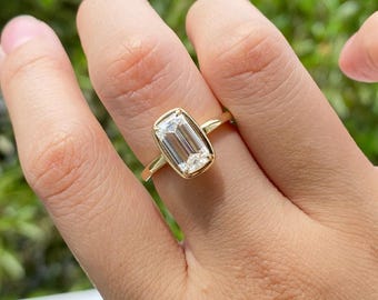 Handmade 2.75 CT Emerald Cut Moissanite Engagement & Wedding Ring | Elongated Solitaire Ring in 10K/14K/18K Solid Gold Elegant Gift for Her