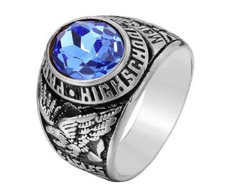 Men&#39;s Custom High School Class Ring | Oval Gemstone & Custom Logo | Handmade 925 Sterling Silver Graduation Ring | Personalized Senior Gift