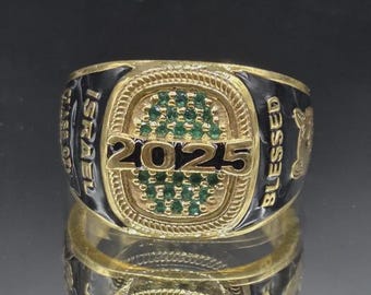 2026 Women's Class Ring, Gold Plated, Green Gemstone, Personalized Graduation Gift, Custom High School or College Jewelry, Keepsake Ring