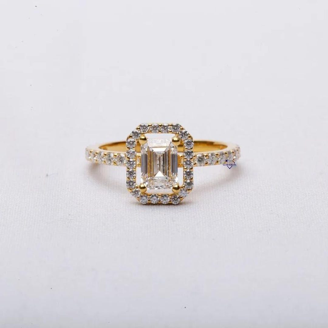Rectangular Promise Emerald Cut Diamond Halo Engagement Ring in 14k Gold, Art Deco Style ...