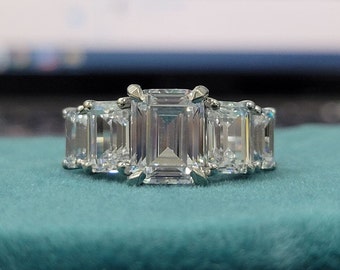 Emerald Cut 3.5TCW VVS1 Moissanite Engagement Ring, Five Stone Solitaire Ring, Handmade Solid Gold Ring, Anniversary Ring, Gift For Fiancee