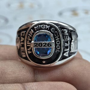 Personalized Birthstone High School Class Ring in 925 Sterling Silver | CZ Stone Customized Graduation Ring | College & University Ring