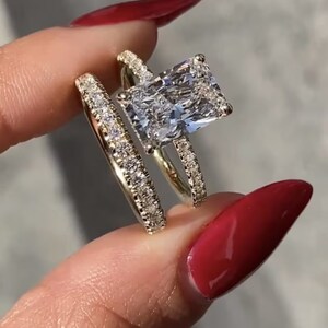 Women&#39;s 3.50CT Radiant Moissanite Hidden Halo Handmade Wedding Ring Set, Expensive Bridal Ring Set in Solid 10K,14K,18K Yellow Gold Ring