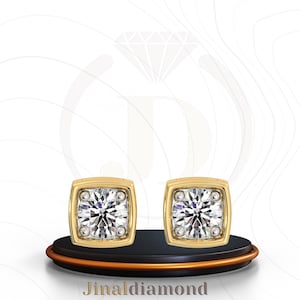 2.CT Bezel Cushion Moissanite Stud Earrings | Round Brilliant in Cushion Frame | Handmade Everyday Stud in 10K/14K/18K Gold | Gift for Her