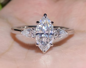 3 Ct Marquise Cut Three Stone Engagement Ring, Lab Grown Diamond Trilogy Wedding Ring, Art Deco Proposal Ring, Delicate Promise Ring for Her