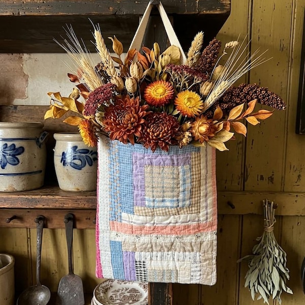 Vintage Quilt Hanging Wall Basket Door Basket Vase Primitive