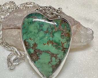 Large Green Turquoise Heart Necklace with 18" Chain
