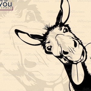 Puede incluir: Ilustración en blanco y negro de un burro con la lengua fuera. El burro sonríe y mira hacia arriba. El texto "Art You Space" está en la esquina superior izquierda.