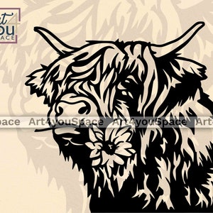 May include: Black and white silhouette of a Highland cow with long, shaggy hair. The cow is looking to the left and has a flower in its mouth.