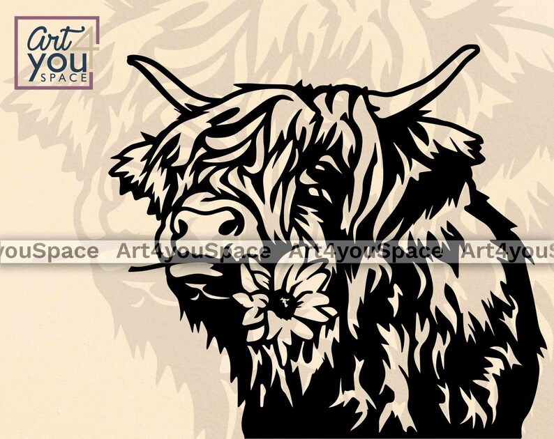 May include: Black and white silhouette of a Highland cow with long, shaggy hair. The cow is looking to the left and has a flower in its mouth.