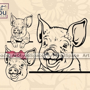 Pig svg, Farm Animal Vector, Cute Piglet Face with Bandana Clipart, Peeking Piggy Png, Farmhouse T-shirt Tote Bag Designs, Cricut Projects