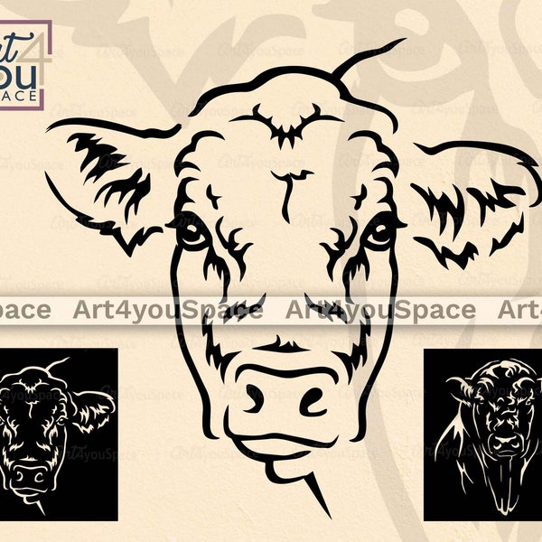 Angus Bull SVG File Cricut, Clipart di bestiame, Buffalo Head vector Stencil, Cow Face png, Line Art Farm animal, EPS Download, Plasma Dxf Laser