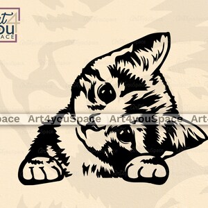 May include: Black and white illustration of a cat peeking out from behind a surface. The cat has a striped pattern and is looking to the left.