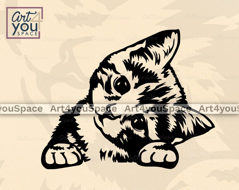 May include: Black and white illustration of a cat peeking out from behind a surface. The cat has a striped pattern and is looking to the left.