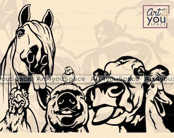 Può includere: Illustrazione in bianco e nero di un cavallo, una mucca, un maiale, un pollo e un piccolo uccello. Tutti gli animali guardano lo spettatore a bocca aperta. Lo sfondo è di colore marrone chiaro.