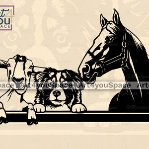 May include: Black and white silhouette illustration of a horse, a goat, and a dog looking over a fence. The animals are all facing the viewer. The horse is on the right side of the image, the goat is on the left, and the dog is in the middle.