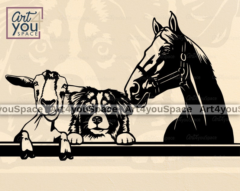 May include: Black and white silhouette illustration of a horse, a goat, and a dog looking over a fence. The animals are all facing the viewer. The horse is on the right side of the image, the goat is on the left, and the dog is in the middle.