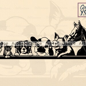 May include: Black and white silhouette illustration of a chicken, cat, dog, dog, pig, and horse looking over a ledge. The animals are all facing forward and have their heads tilted slightly down. The image is in a simple, cartoon style.