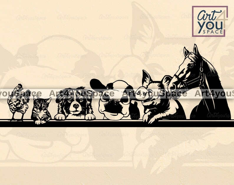 May include: Black and white silhouette illustration of a chicken, cat, dog, dog, pig, and horse looking over a ledge. The animals are all facing forward and have their heads tilted slightly down. The image is in a simple, cartoon style.