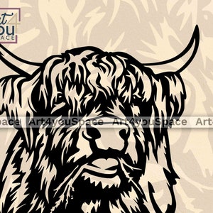 May include: Black and white line art illustration of a Highland cow with long, shaggy hair and horns. The cow's face is visible, with a large nose and a gentle expression.
