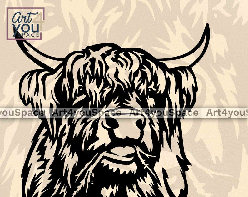 May include: Black and white line art illustration of a Highland cow with long, shaggy hair and horns. The cow's face is visible, with a large nose and a gentle expression.