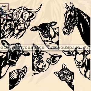 Svg animaux de la ferme, cochon cochon chèvre coq cheval mouton chat vache, fichiers Svg pour Cricut, projets plasma CNC, tête d'animal dxf, vecteur découpé au Laser