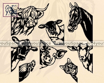 Farm Animals svg, Peeking Pig Goat Rooster Horse Sheep Cat Cow, Svg files for Cricut, CNC Plasma Projects, Animal head dxf, Laser cut vector