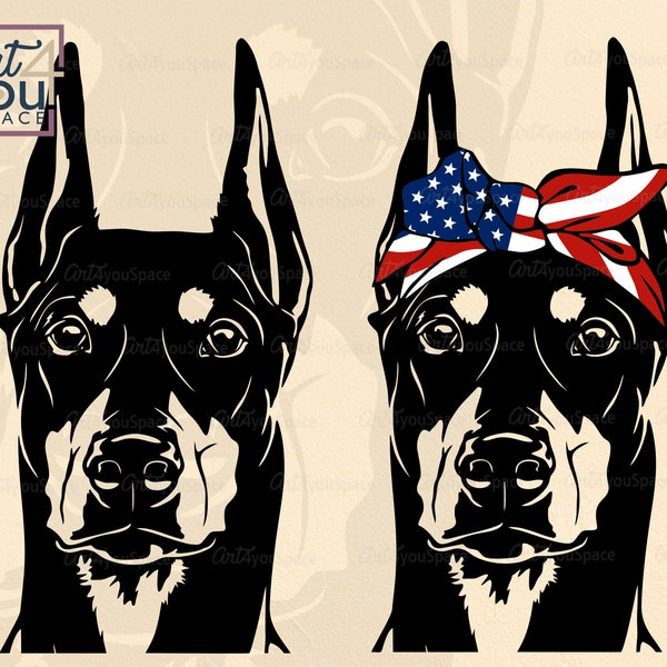 Doberman svg, Doberman Pinscher USA flag bandana, Dog SVG Files for Cricut, face head clipart, July 4th vector, png, dxf, Download Printable