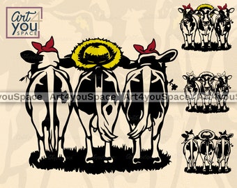 Fichiers SVG de trois vaches pour cricut, génisse png, clipart animaux de la ferme, Télécharger l'art imprimable de la ferme, vecteur découpé au laser, DXF plasma cnc, été