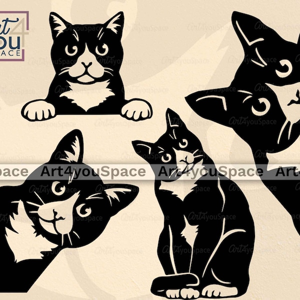 Tuxedo Cat SVG Cricut, Peeking Animal Clipart Download, Printable Art, Domestic Design Png, EPS Dxf Plasma Cnc Laser Cut Vector, Pet sit