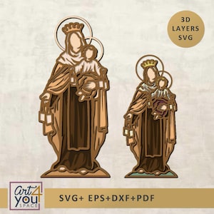Op de afbeelding: Twee gelaagde houten figuren met een religieus thema. De figuren zijn van een vrouw en een kind, met halo's en kronen. De figuren zijn in bruin- en beigetinten. De afbeelding bevat de tekst "3D LAYERS SVG" en "SVG+ EPS+DXF+PDF".