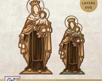 May include: Two layered wooden figures of a religious theme. The figures are of a woman and child, with halos and crowns. The figures are in shades of brown and tan. The image includes the text "3D LAYERS SVG" and "SVG+ EPS+DXF+PDF".